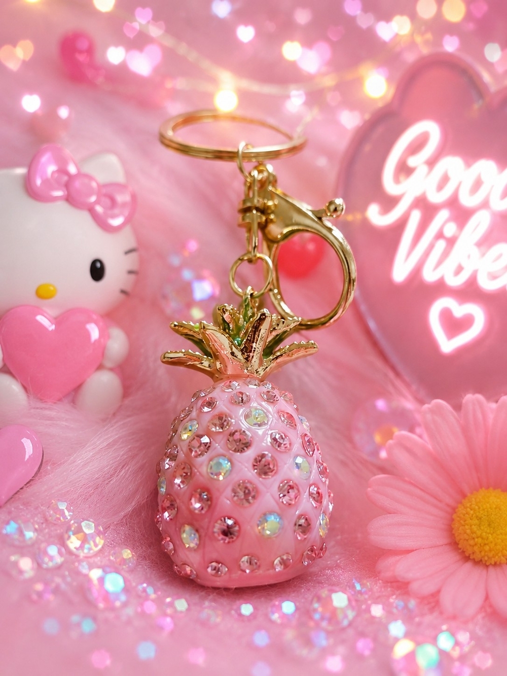 Pink Pineapple Crystal Keychain with Gold Hardware